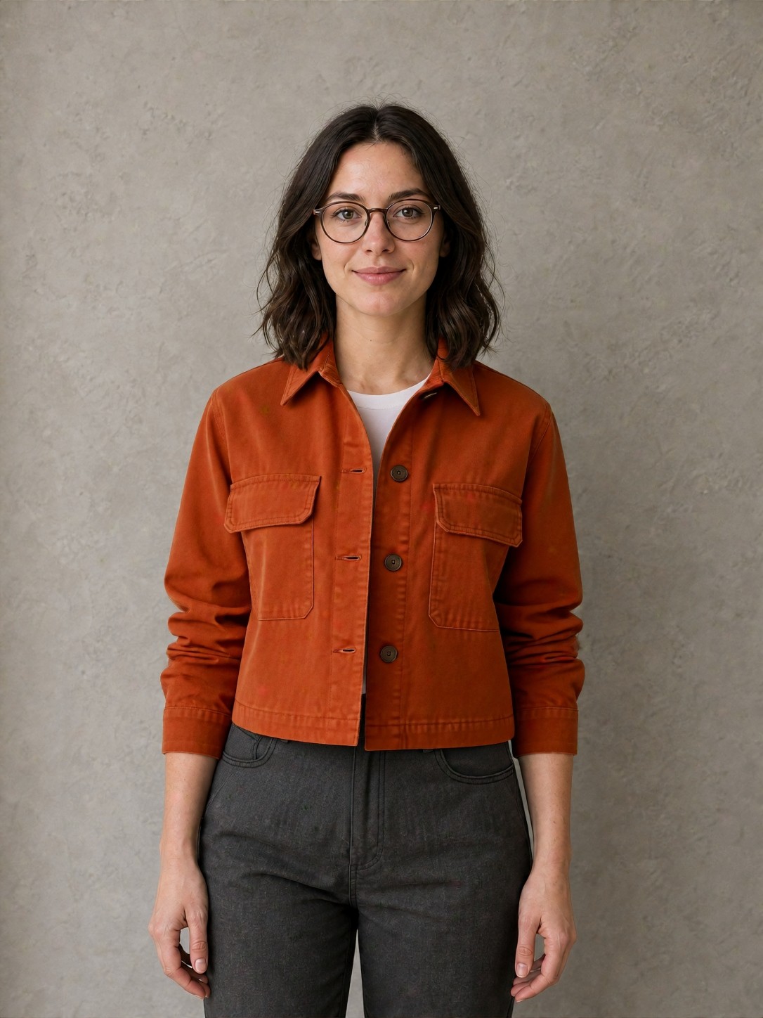 Synthetic shopper wearing a rust utility jacket generated by YouCam Clothes v3